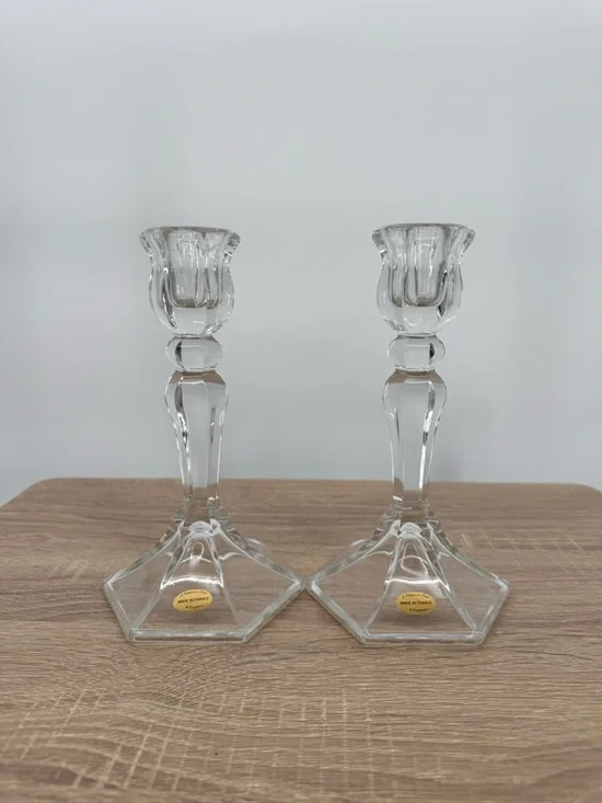 Vintage Teleflora French Crystal Glass Candlestick Holders Pair France 7" - Picture 6 of 8